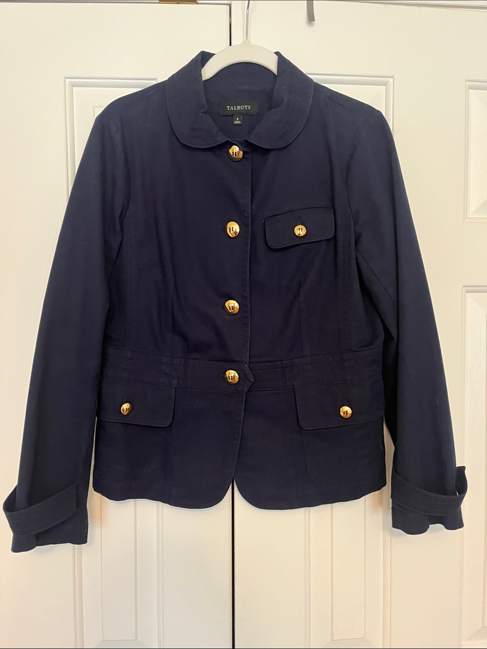 Talbots Navy Blue Cotton Military Utility Jacket Blazer Gold Buttons Women's 8